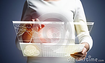 Businesswoman hands using virtual interface Stock Photo