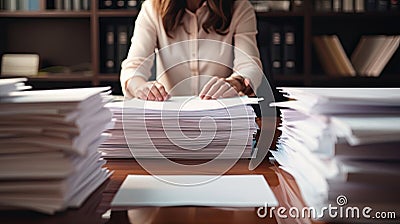 Businesswoman hands working in Stacks of paper files for searching and checking unfinished documents achieves on folders papers at Stock Photo