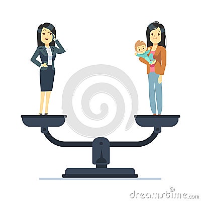 Businesswoman and happy woman kid on scales. Work and life balance business vector concept Vector Illustration