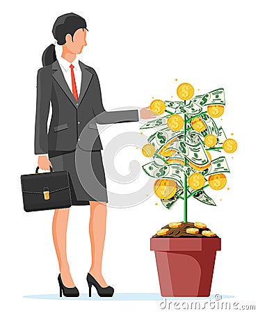 Businesswoman harvests from money coin tree. Vector Illustration