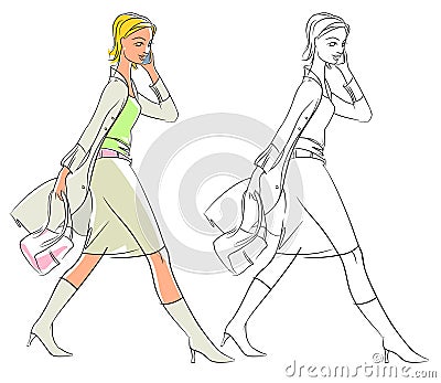 Businesswoman hastens and speaks by phone Vector Illustration