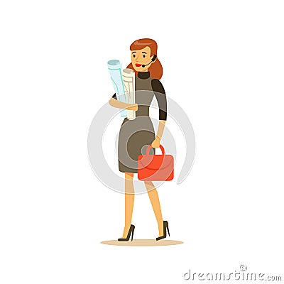 Businesswoman With Headset, Business Office Employee In Official Dress Code Clothing Busy At Work Smiling Cartoon Vector Illustration