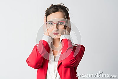 Businesswoman hear no evil Stock Photo