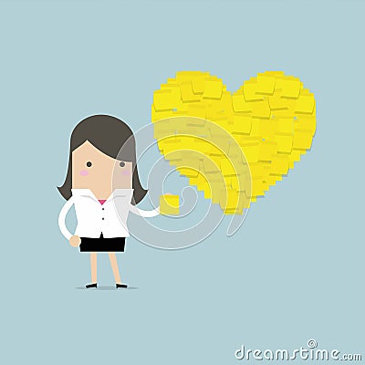 Businesswoman with Heart shape yellow sticky notes. Vector Illustration