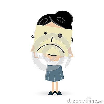 Businesswoman hiding behind a sad face note Vector Illustration