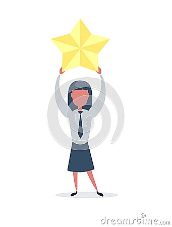 Businesswoman hold a big gold star. Victory, rating. Vector Illustration