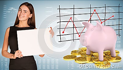 Businesswoman hold paper sheet. Pink piggy bank Stock Photo