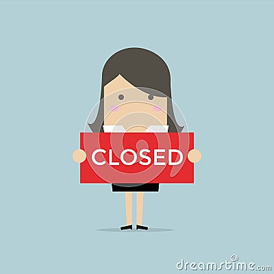 Businesswoman hold a sign Closed in her hands. Vector Illustration