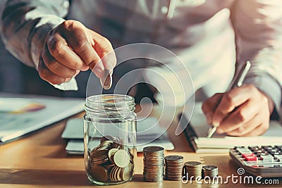 businesswoman holding coins putting in glass. concept saving money and finance accounting Stock Photo