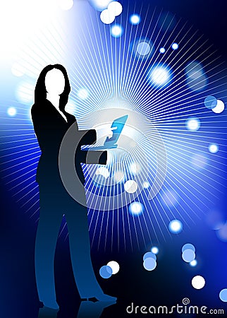 Businesswoman holding computer internet background Vector Illustration