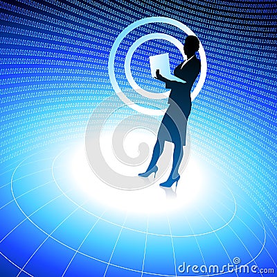 Businesswoman holding computer laptop on binary Vector Illustration