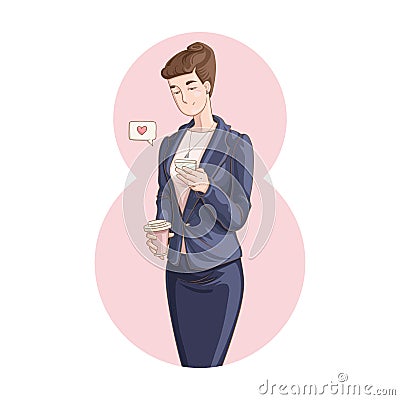 Businesswoman holding a cup of coffee and using mobile phone Vector Illustration