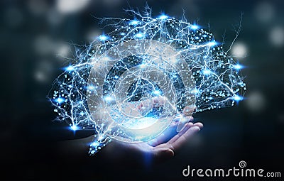 Businesswoman holding digital x-ray human brain in her hand 3D r Stock Photo