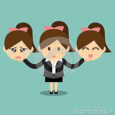 Businesswoman holding happy and sad emotions face Vector Illustration