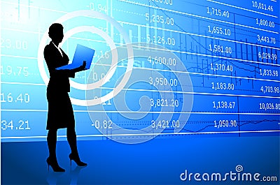 Businesswoman holding laptop on stock market Vector Illustration