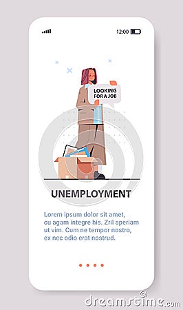 businesswoman holding looking for a job poster unemployment concept smartphone screen vertical Vector Illustration