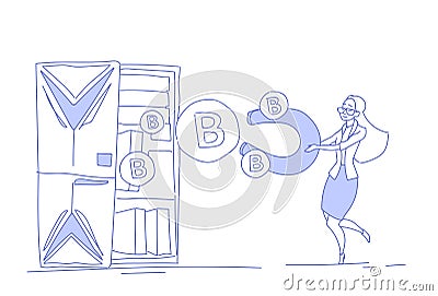 Businesswoman holding magnet pulling bitcoin successful mining concept virtual crypto currency sketch doodle horizontal Vector Illustration