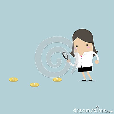 Businesswoman holding a magnifying glass follow dollar coins. Vector Illustration