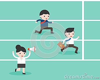 Businesswoman holding megaphone cheer up two businessman running Vector Illustration