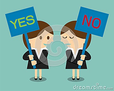 Businesswoman holding a signboard with the word yes or no Vector Illustration