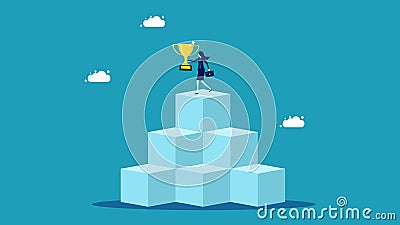 Businesswoman holding a trophy at the top of the tier. best businessman concept Vector Illustration