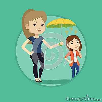 Businesswoman holding umbrella over woman. Vector Illustration