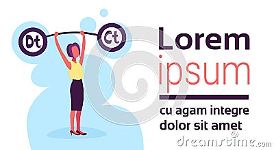 Businesswoman holding weights balance scales debit credit sign debt loan crisis concept positive negative female Vector Illustration