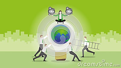 Businesswoman holds CO2e gas on a world light bulb and trees with team Vector Illustration