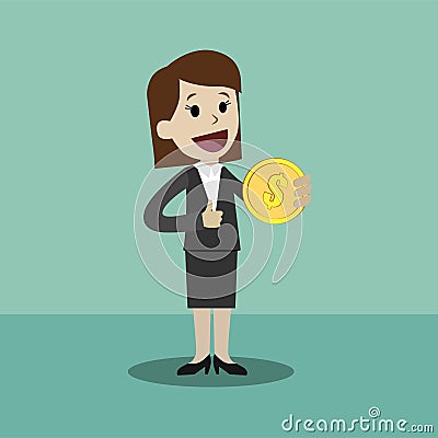 Businesswoman holds coin in his hand and has profit. Succsessful business. Payments Vector Illustration