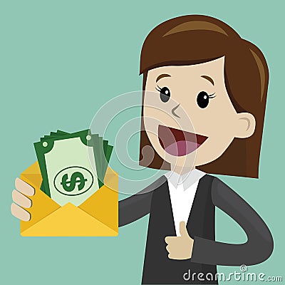 Businesswoman holds money in her hand and has profit. Succsessful business. Payments Vector Illustration