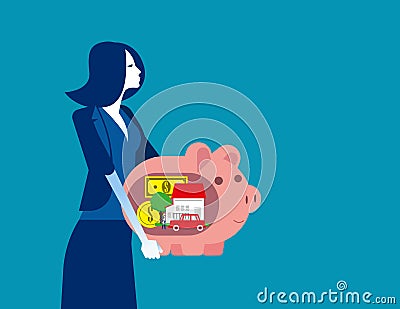 Businesswoman holds piggy bank and dreams. Concept business vector, Planning, Future financial, Saving and investing Vector Illustration