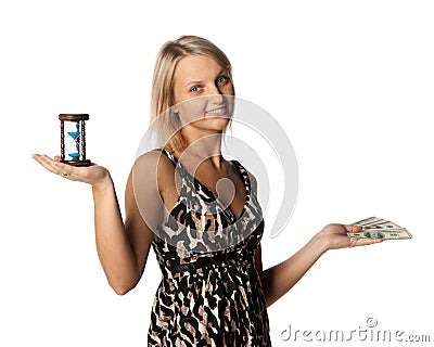 Businesswoman with hourglass and money Stock Photo