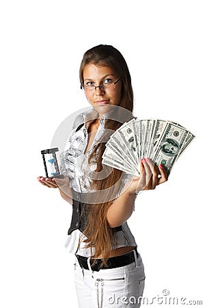 Businesswoman with hourglass and money Stock Photo