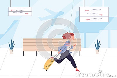 Businesswoman hurry to aircraft. Hurrying woman tourist haste to airplane, female entrepreneur carry suitcase in airport Vector Illustration