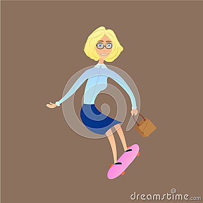 Businesswoman hurrying to work riding a skateboard Cartoon Illustration