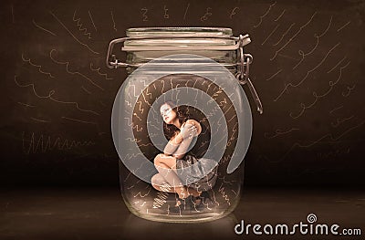 Businesswoman inside a jar with powerful hand drawn lines concept Stock Photo