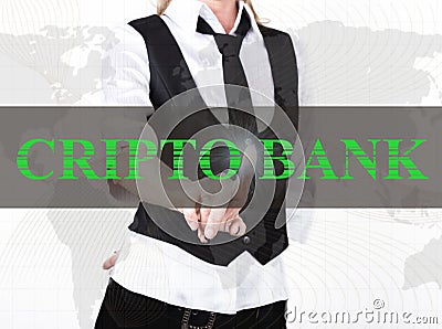 Businesswoman in a jacket and tie pressing cripto bank button of a virtual screen. exchange and production of crypto Stock Photo