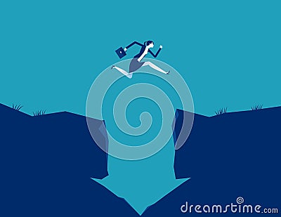 Businesswoman jumping crossing a cliff with downward arrow shaped Vector Illustration