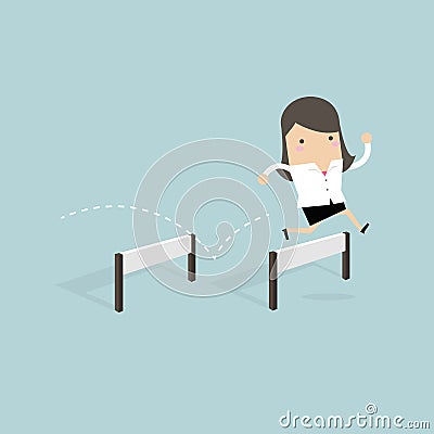 Businesswoman Jumping Over Hurdle. Vector Illustration