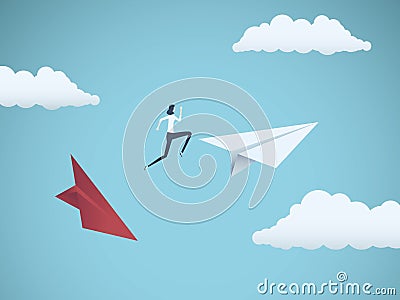 Businesswoman jumping between paper planes. Business symbol or metaphor for risk, danger, change, escape or bankruptcy Vector Illustration