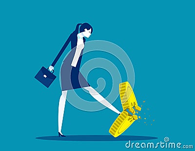 A businesswoman kicking a coin. Worthless coins Vector Illustration