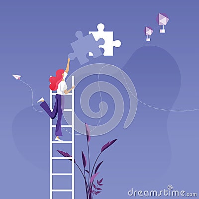 Businesswoman on ladder installing the final piece of puzzle-Business success concept Vector Illustration