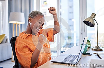 Businesswoman, laptop or winner with fist pump for winning, success or promotion bonus in home office. Happy black woman Stock Photo