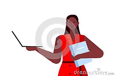 Businesswoman leader in formal wear using laptop african american business woman leadership best boss concept Vector Illustration