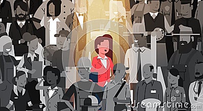 Businesswoman Leader Stand Out From Crowd Individual, Spotlight Hire Human Resource Recruitment Candidate People Group Vector Illustration