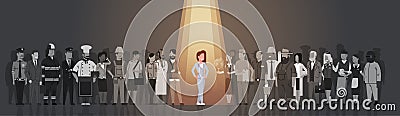 Businesswoman Leader Stand Out From Crowd Individual, Spotlight Hire Human Resource Recruitment Candidate People Group Vector Illustration