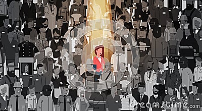 Businesswoman Leader Stand Out From Crowd Individual, Spotlight Hire Human Resource Recruitment Candidate People Group Vector Illustration