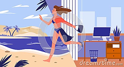 Businesswoman leaving office desk and computer to enjoy summer vacation on sea beach Cartoon Illustration