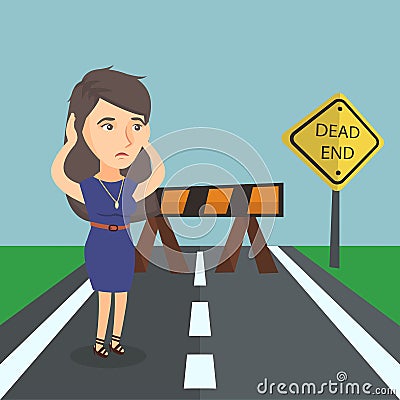 Businesswoman looking at road sign dead end. Vector Illustration