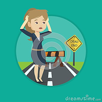 Businesswoman looking at road sign dead end. Vector Illustration